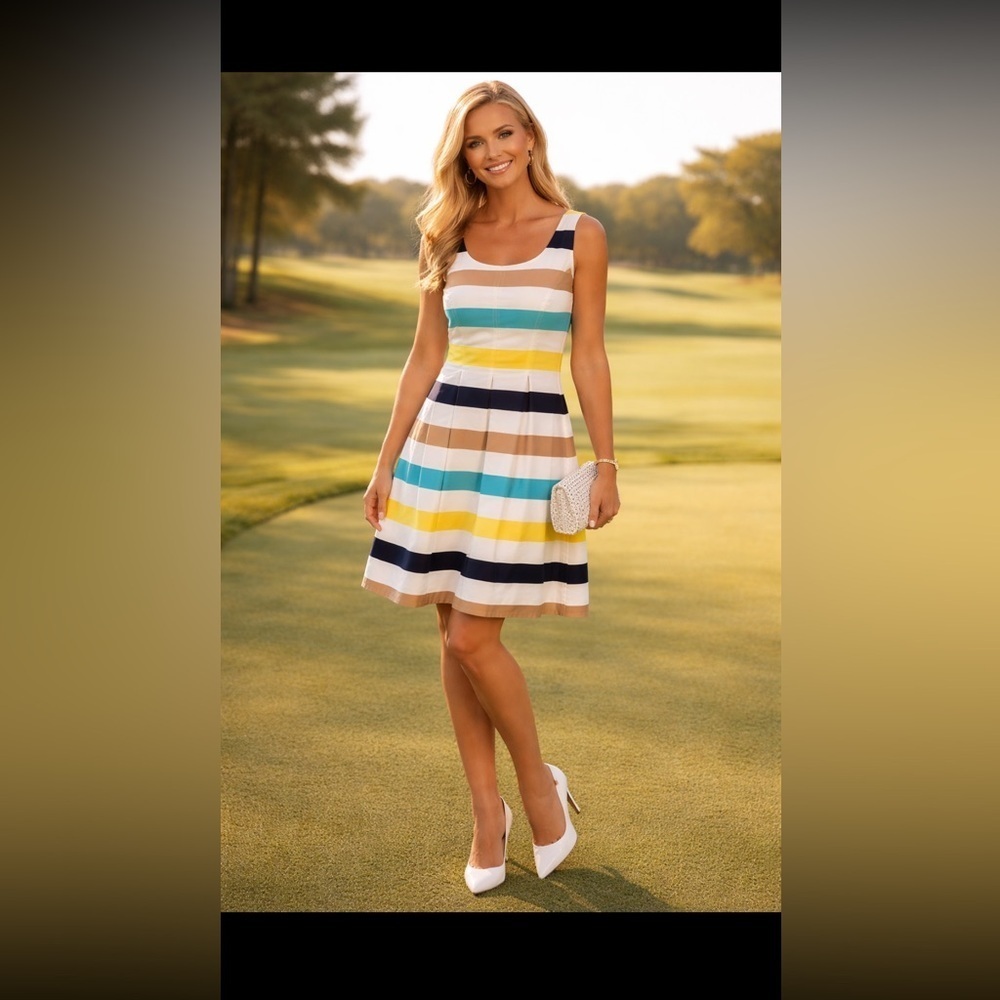 Women's Nine West Sleeveless Fit to Flare Striped Dress Size 14